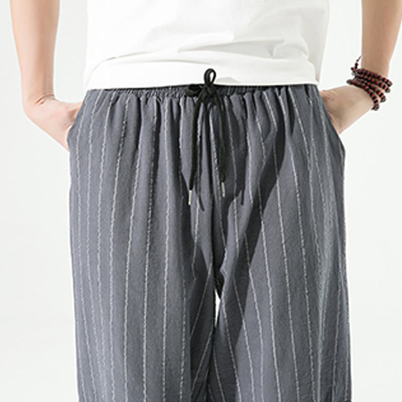 Casual Plain Stripes Pattern Drawstring Men's 7-8 Length Cotton Linen Harem Pants With Pockets - Image 15