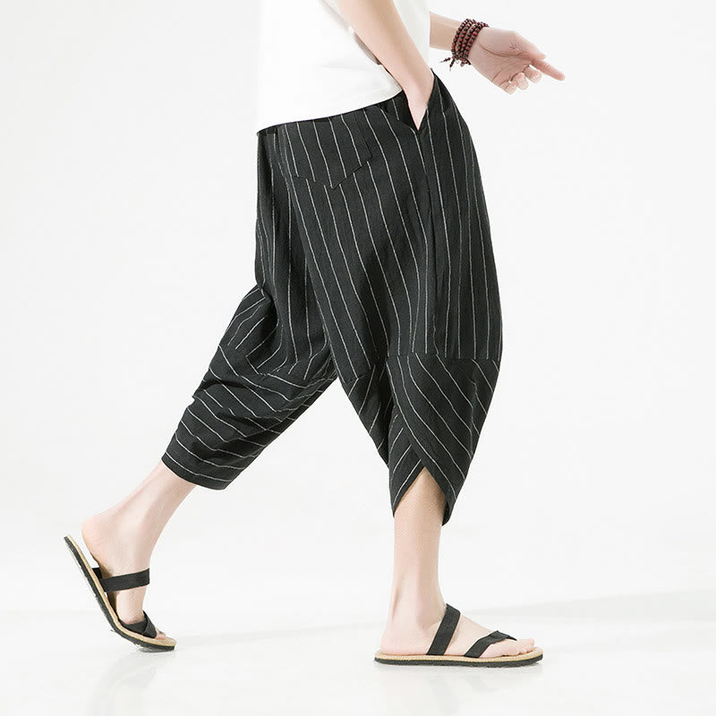 Casual Plain Stripes Pattern Drawstring Men's 7-8 Length Cotton Linen Harem Pants With Pockets - Image 4
