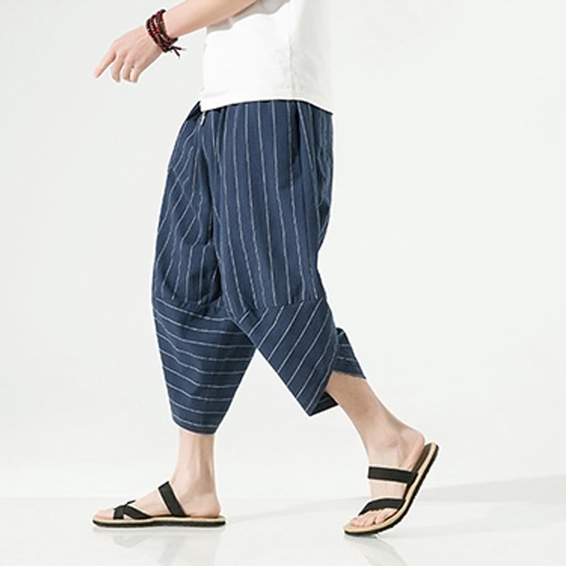 Casual Plain Stripes Pattern Drawstring Men's 7-8 Length Cotton Linen Harem Pants With Pockets - Image 22