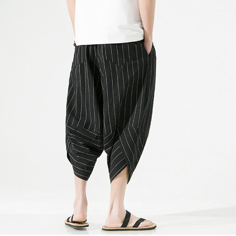 Casual Plain Stripes Pattern Drawstring Men's 7-8 Length Cotton Linen Harem Pants With Pockets - Image 5