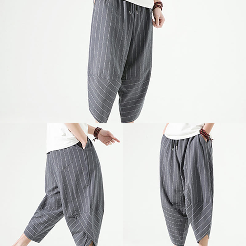Casual Plain Stripes Pattern Drawstring Men's 7-8 Length Cotton Linen Harem Pants With Pockets - Image 19