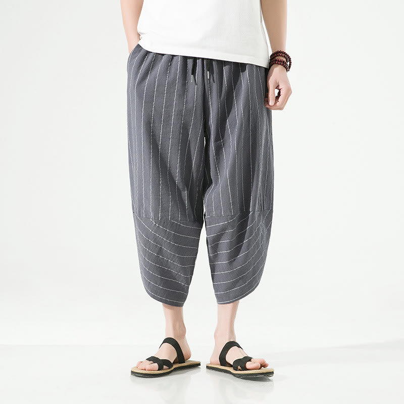 Casual Plain Stripes Pattern Drawstring Men's 7-8 Length Cotton Linen Harem Pants With Pockets - Image 11