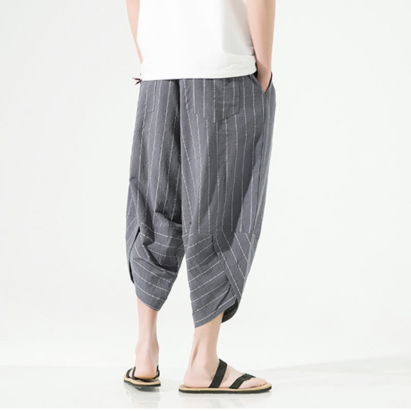 Casual Plain Stripes Pattern Drawstring Men's 7-8 Length Cotton Linen Harem Pants With Pockets - Image 13