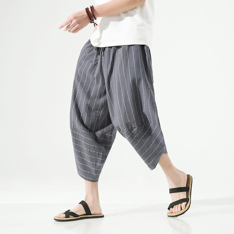 Casual Plain Stripes Pattern Drawstring Men's 7-8 Length Cotton Linen Harem Pants With Pockets - Image 8