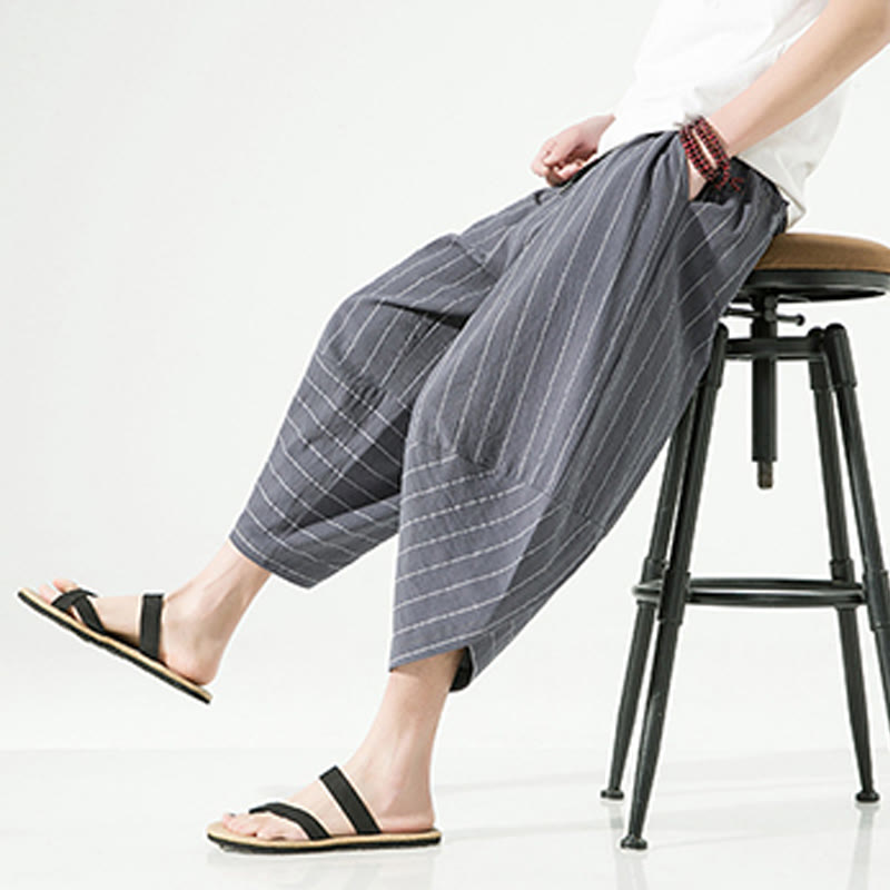 Casual Plain Stripes Pattern Drawstring Men's 7-8 Length Cotton Linen Harem Pants With Pockets - Image 14
