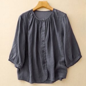 Plain Button Crew Neck Design Women's Cotton blend Three Quarter Sleeve Shirt