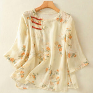 Plant Printed Crew Neck Frog Button Design Women's Polyester Three Quarter Sleeve Shirt