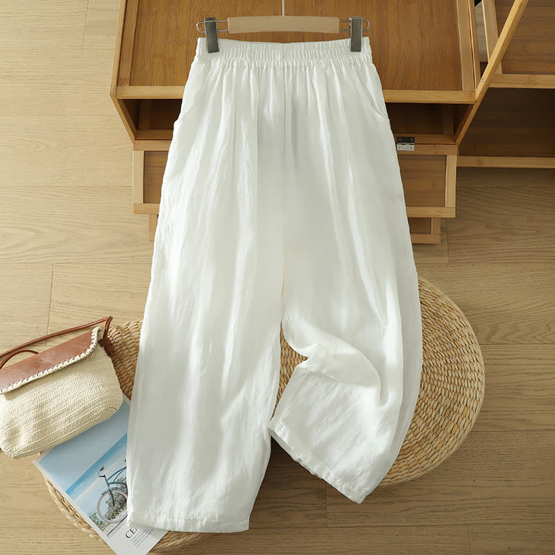 Commute Pure Color Simple Design Women's Cotton Linen Ankle-Length Harem Pants With Pockets - Image 6