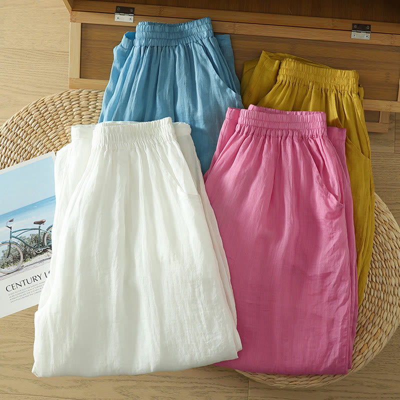 Commute Pure Color Simple Design Women's Cotton Linen Ankle-Length Harem Pants With Pockets - Image 26