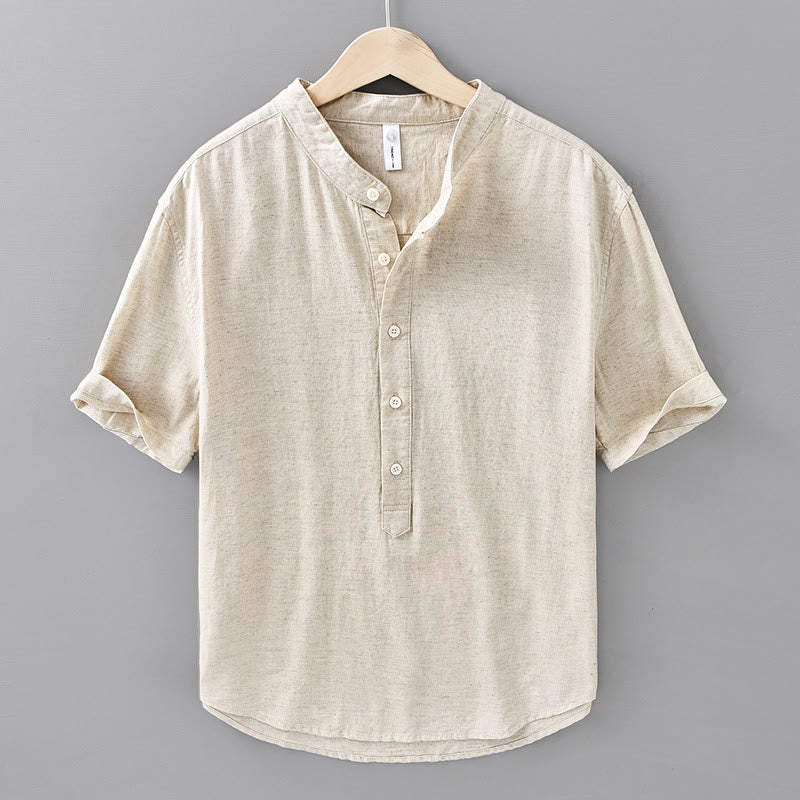 Summer Solid Color Men's Half Button Short Sleeve Cotton Linen Shirt