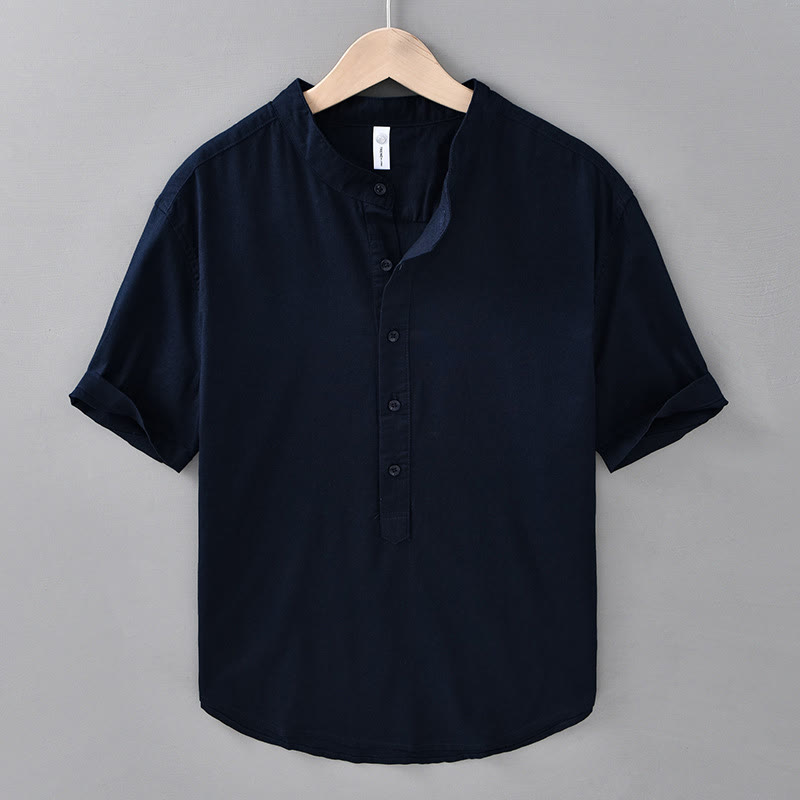 Summer Solid Color Men's Half Button Short Sleeve Cotton Linen Shirt - Image 16
