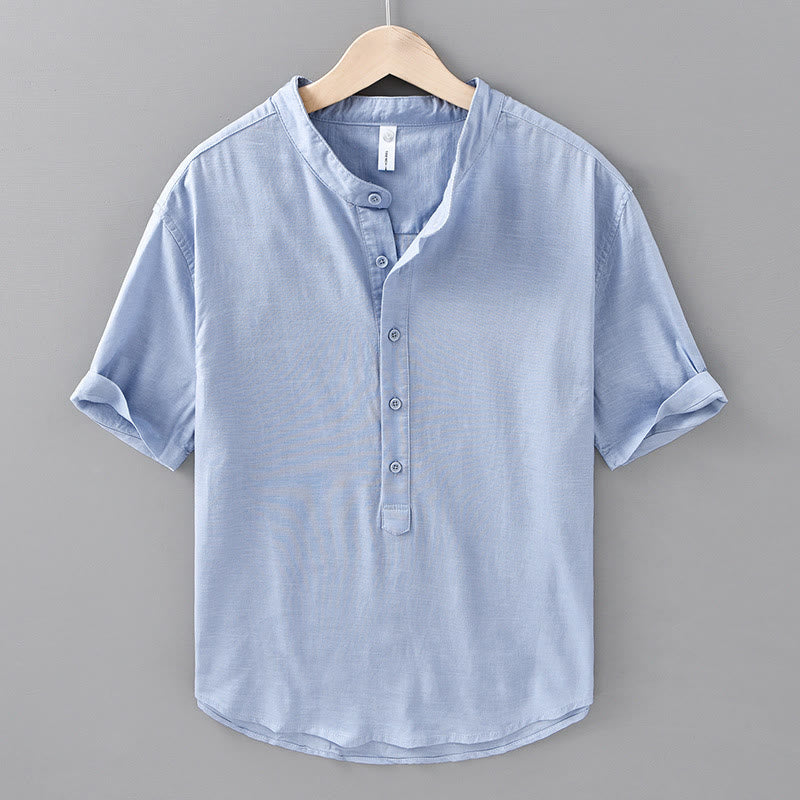 Summer Solid Color Men's Half Button Short Sleeve Cotton Linen Shirt - Image 14
