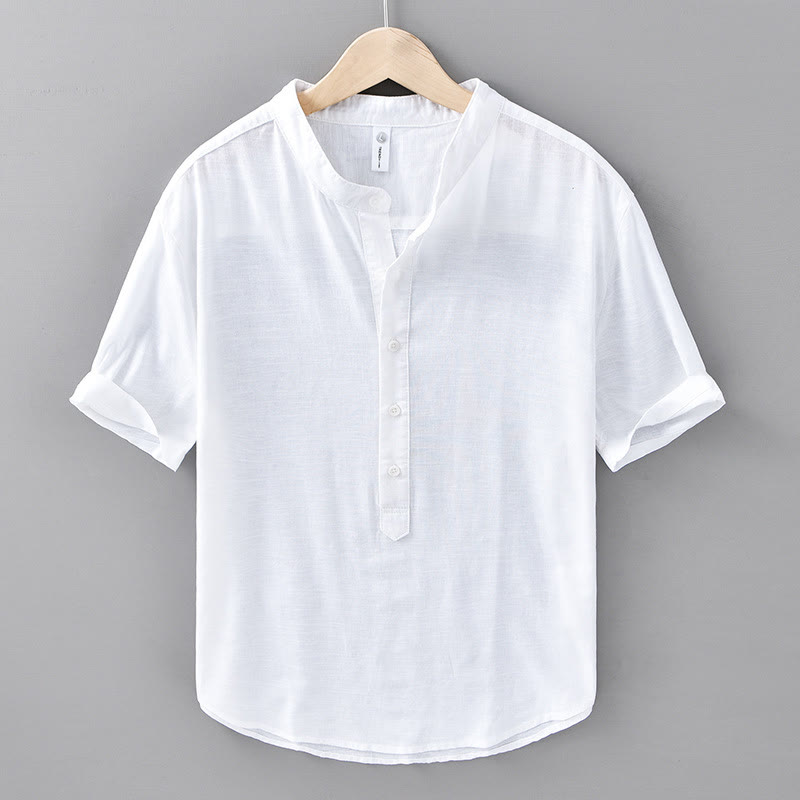 Summer Solid Color Men's Half Button Short Sleeve Cotton Linen Shirt - Image 12