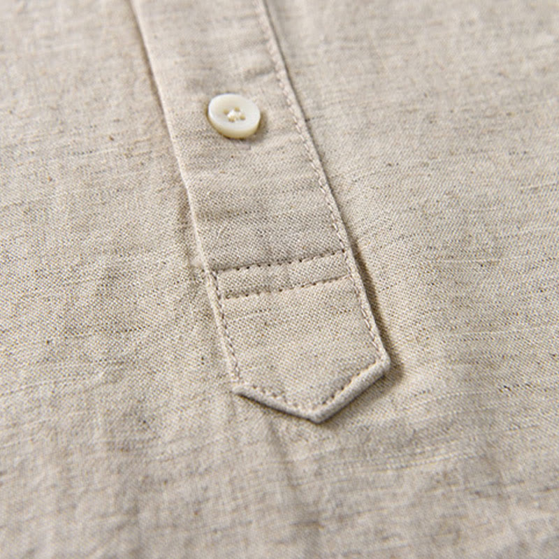 Summer Solid Color Men's Half Button Short Sleeve Cotton Linen Shirt - Image 6