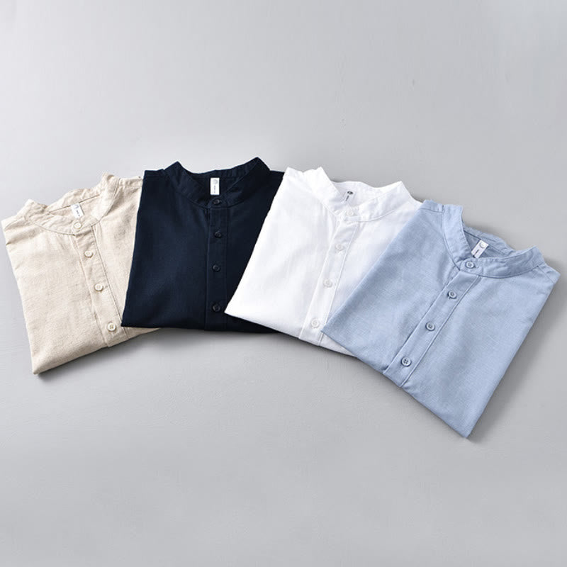 Summer Solid Color Men's Half Button Short Sleeve Cotton Linen Shirt - Image 18