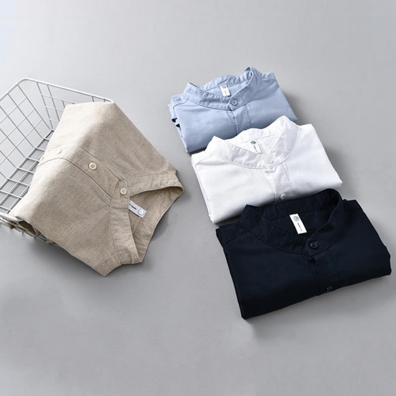 Summer Solid Color Men's Half Button Short Sleeve Cotton Linen Shirt - Image 19