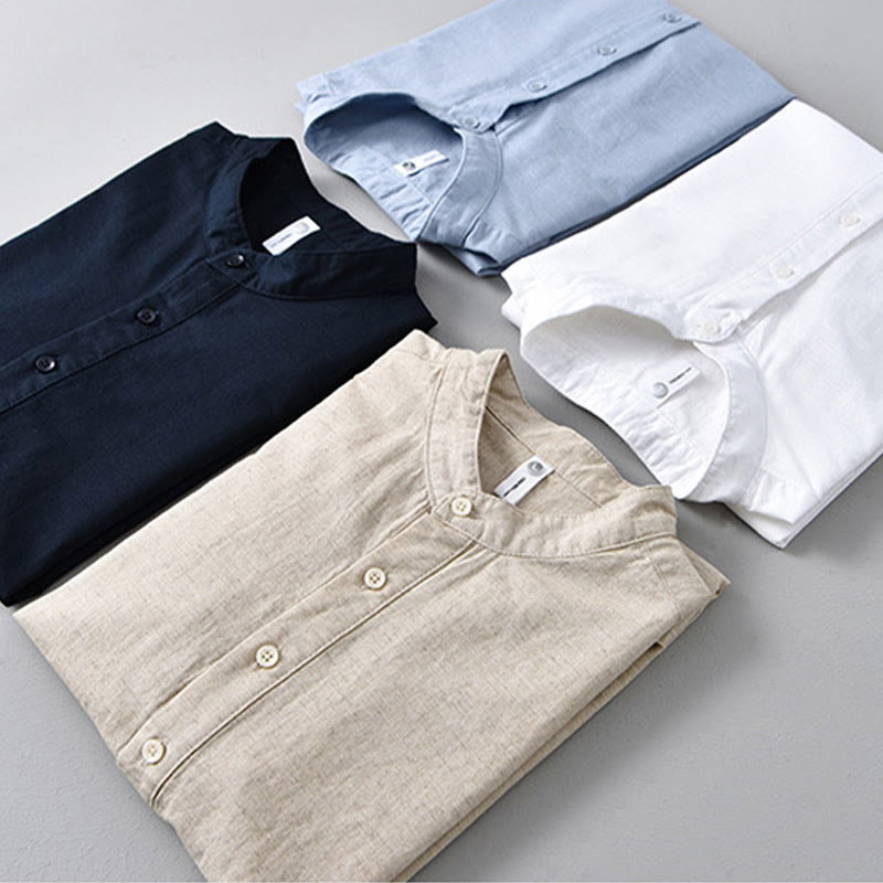 Summer Solid Color Men's Half Button Short Sleeve Cotton Linen Shirt - Image 2