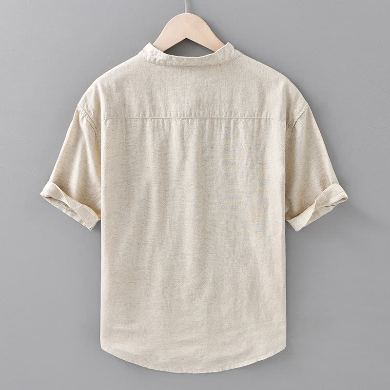 Summer Solid Color Men's Half Button Short Sleeve Cotton Linen Shirt - Image 3