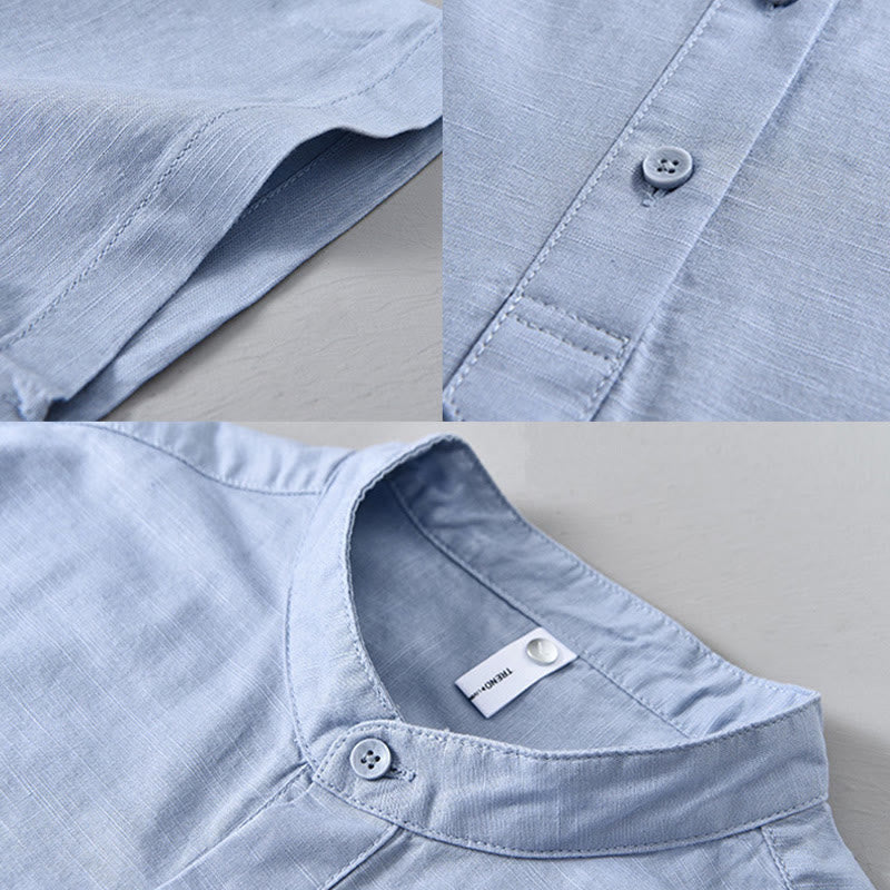 Summer Solid Color Men's Half Button Short Sleeve Cotton Linen Shirt - Image 15