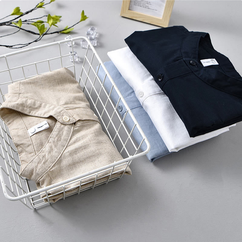 Summer Solid Color Men's Half Button Short Sleeve Cotton Linen Shirt - Image 20