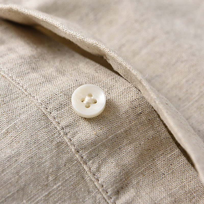 Summer Solid Color Men's Half Button Short Sleeve Cotton Linen Shirt - Image 7