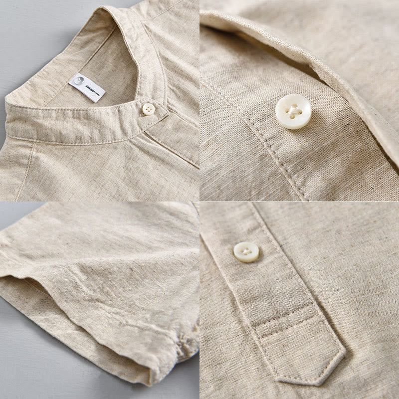 Summer Solid Color Men's Half Button Short Sleeve Cotton Linen Shirt - Image 4