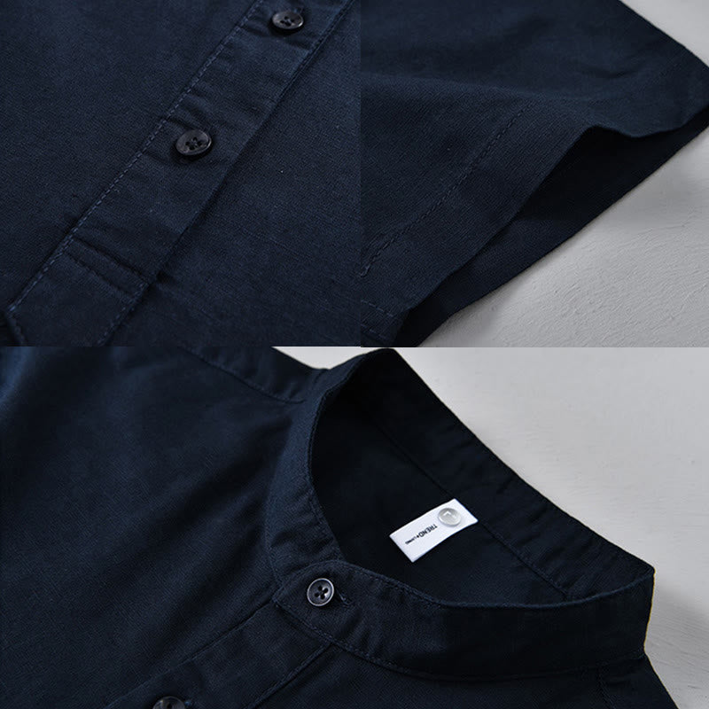 Summer Solid Color Men's Half Button Short Sleeve Cotton Linen Shirt - Image 17