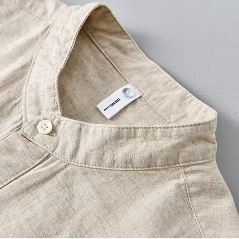 Summer Solid Color Men's Half Button Short Sleeve Cotton Linen Shirt - Image 5