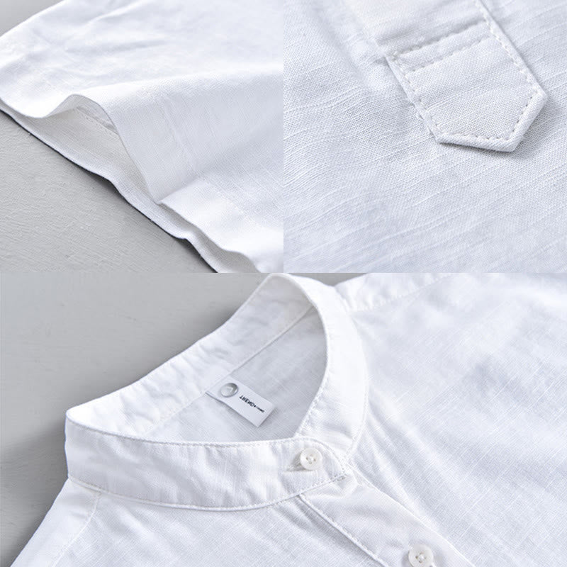 Summer Solid Color Men's Half Button Short Sleeve Cotton Linen Shirt - Image 13