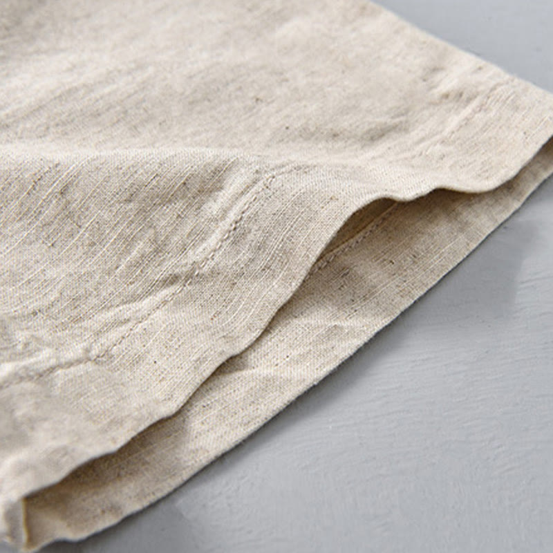 Summer Solid Color Men's Half Button Short Sleeve Cotton Linen Shirt - Image 9