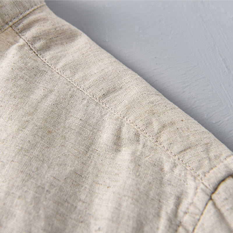 Summer Solid Color Men's Half Button Short Sleeve Cotton Linen Shirt - Image 8
