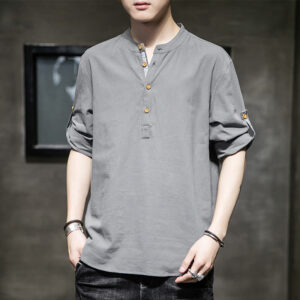 Summer Solid Men's Half Buttons Half Sleeve Linen Shirt