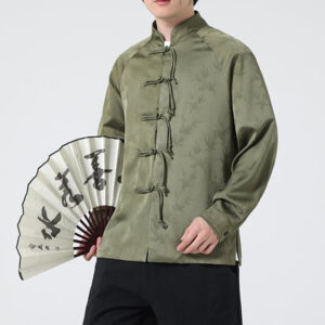 Spring Jacquard Bamboo Leaves Pattern Chinese Frog-Button Design Men's Long Sleeve Shirt