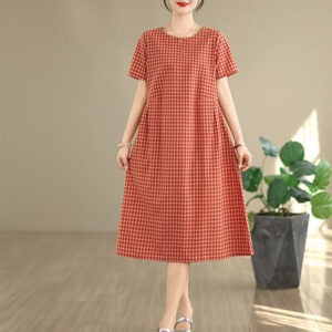 Commute Plaid Pattern Simple Design Cotton Linen Short Sleeve Midi Dress With Pockets