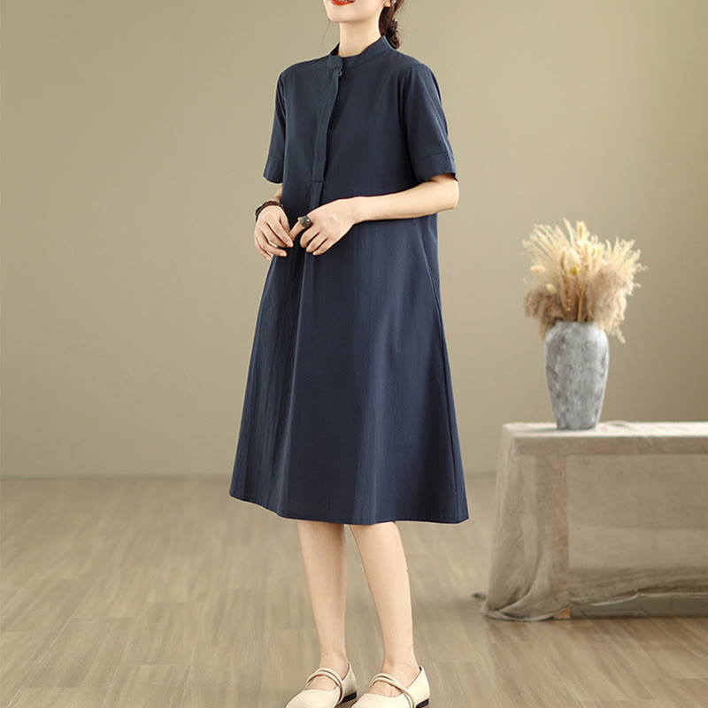 Commute Plaid Pattern Simple Design Cotton Half Sleeve Midi Dress With Pockets - Image 4