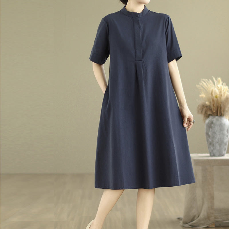 Commute Plaid Pattern Simple Design Cotton Half Sleeve Midi Dress With Pockets - Image 5