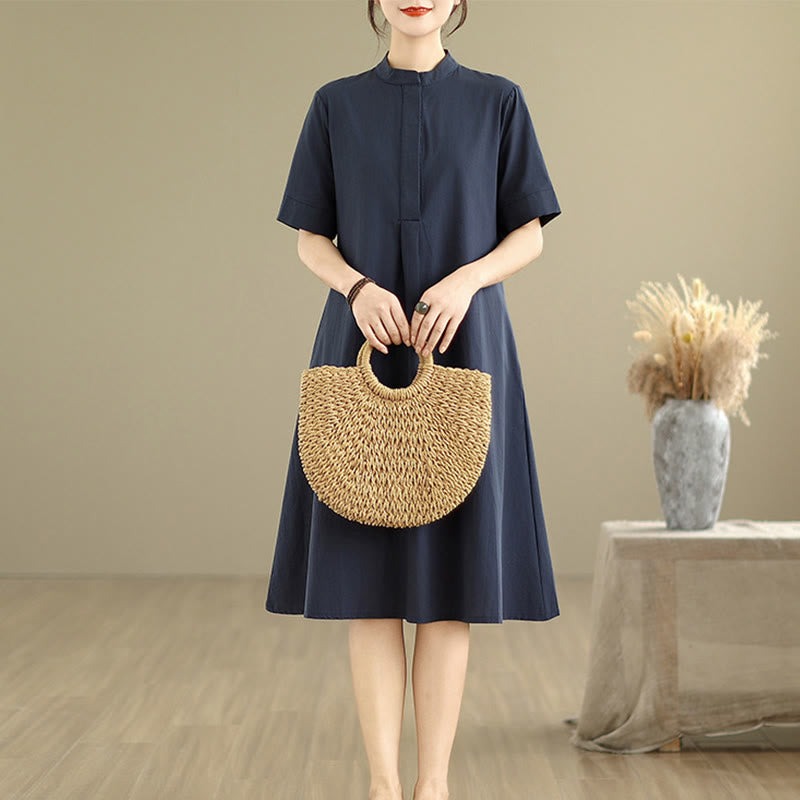 Commute Plaid Pattern Simple Design Cotton Half Sleeve Midi Dress With Pockets - Image 3