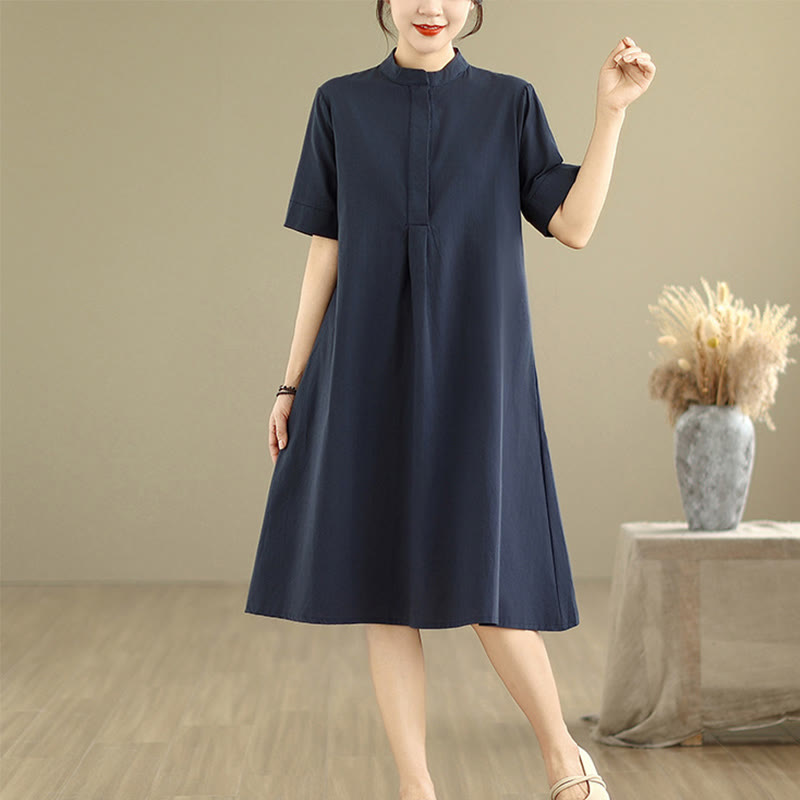 Commute Plaid Pattern Simple Design Cotton Half Sleeve Midi Dress With Pockets - Image 6