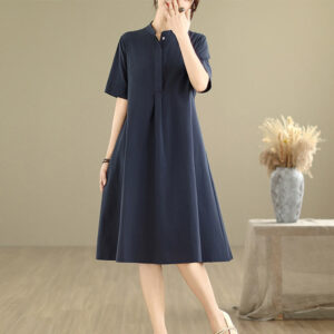 Commute Plaid Pattern Simple Design Cotton Half Sleeve Midi Dress With Pockets