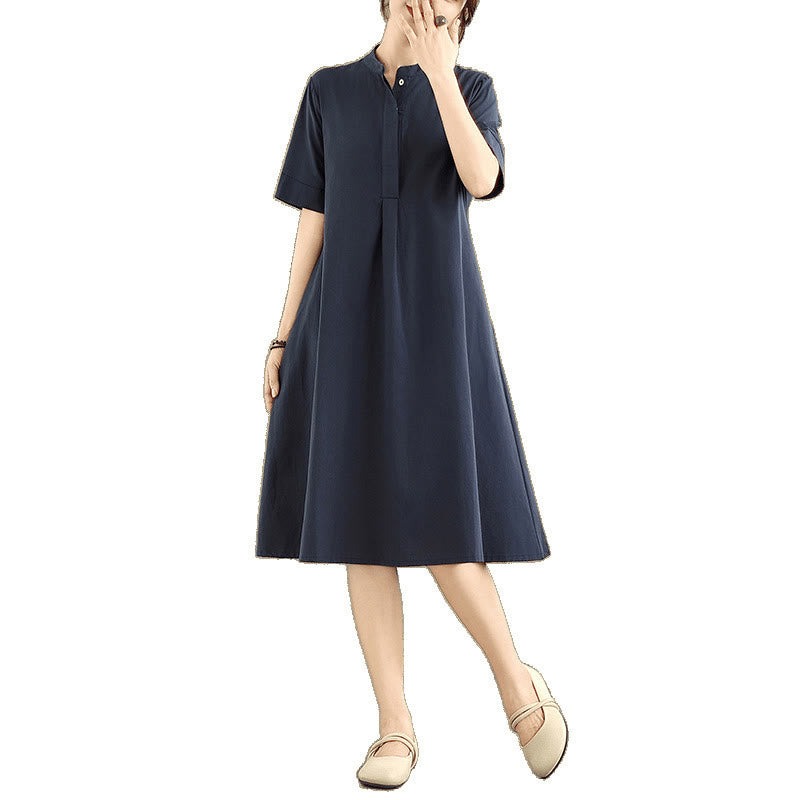 Commute Plaid Pattern Simple Design Cotton Half Sleeve Midi Dress With Pockets - Image 11