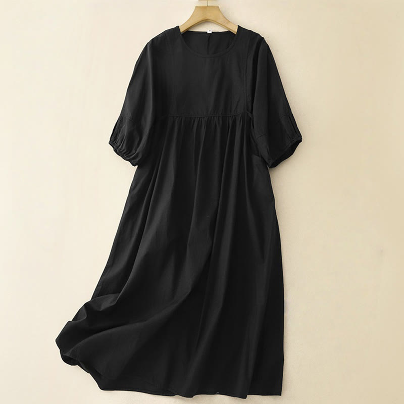Vintage Lace-Up Simple Design Cotton Linen Three Quarter Puff Sleeve Midi Dress With Pockets - Image 8