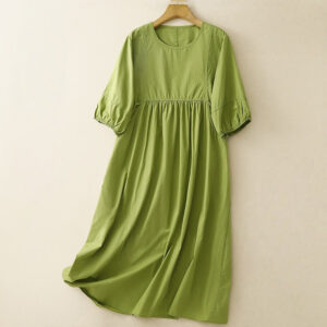 Vintage Lace-Up Simple Design Cotton Linen Three Quarter Puff Sleeve Midi Dress With Pockets