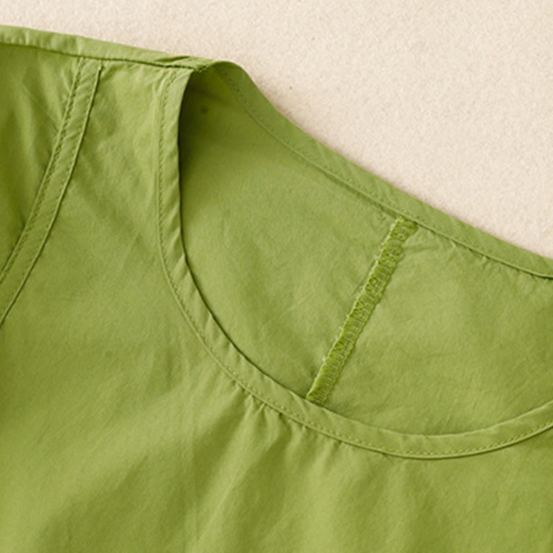 Vintage Lace-Up Simple Design Cotton Linen Three Quarter Puff Sleeve Midi Dress With Pockets - Image 3