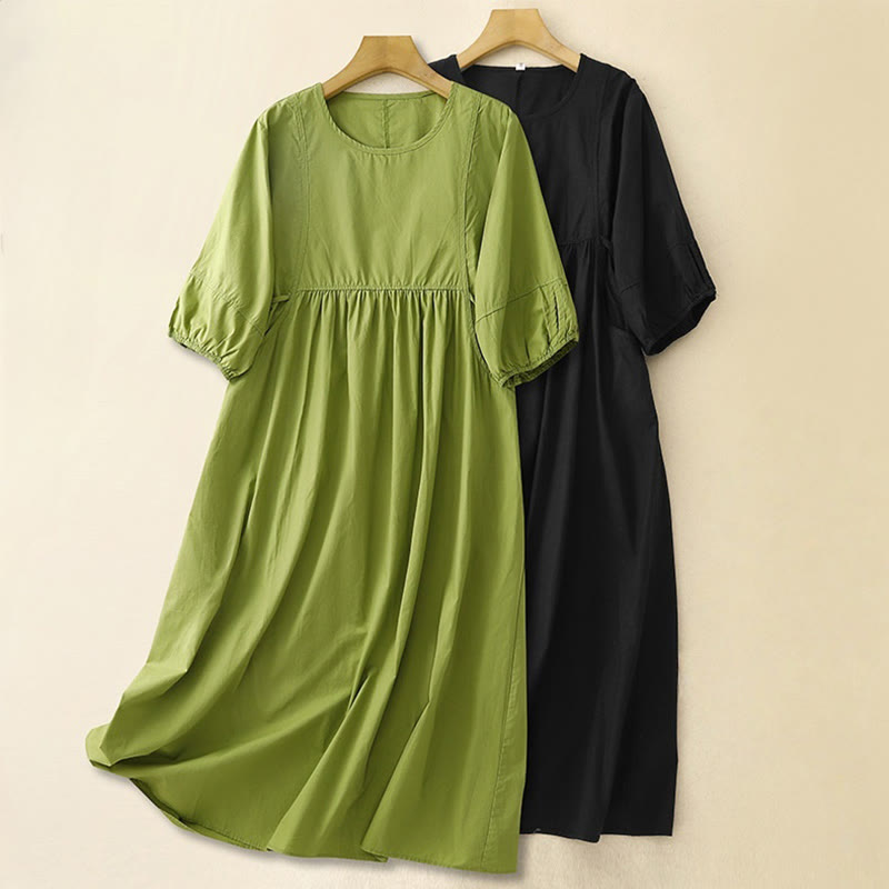 Vintage Lace-Up Simple Design Cotton Linen Three Quarter Puff Sleeve Midi Dress With Pockets - Image 10