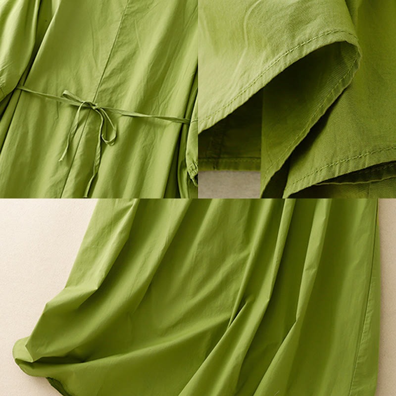 Vintage Lace-Up Simple Design Cotton Linen Three Quarter Puff Sleeve Midi Dress With Pockets - Image 6