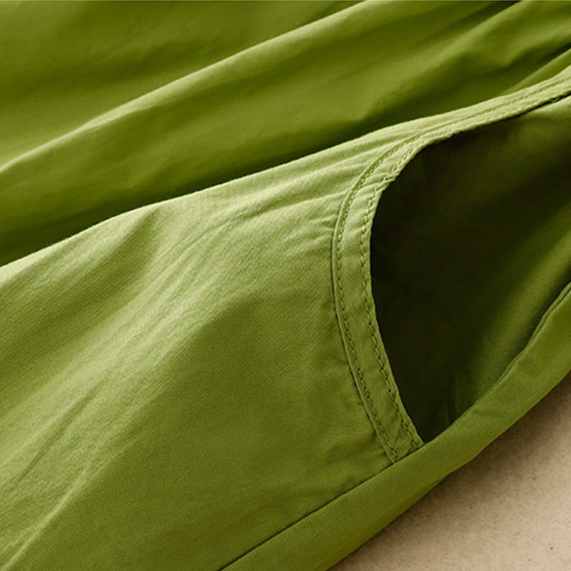 Vintage Lace-Up Simple Design Cotton Linen Three Quarter Puff Sleeve Midi Dress With Pockets - Image 4