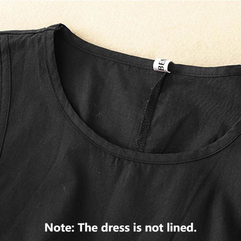 Vintage Lace-Up Simple Design Cotton Linen Three Quarter Puff Sleeve Midi Dress With Pockets - Image 9