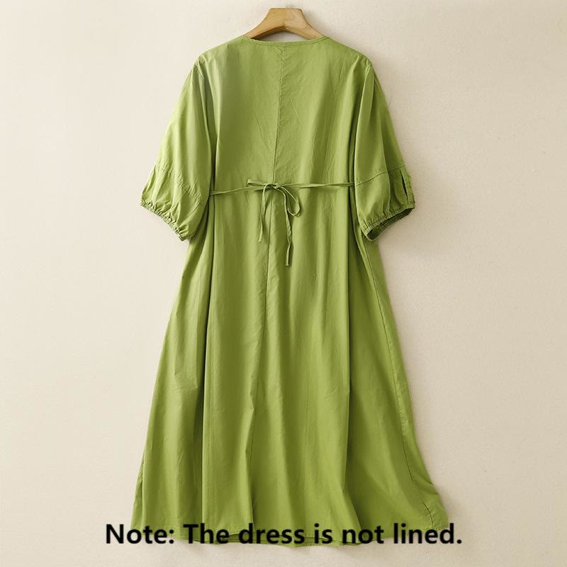 Vintage Lace-Up Simple Design Cotton Linen Three Quarter Puff Sleeve Midi Dress With Pockets - Image 2