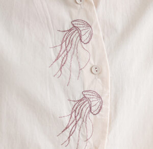 Casual Women's Embroidered Jellyfish Pattern Stand Collar Buttons Design Half Sleeve Cotton Shirt - Image 13