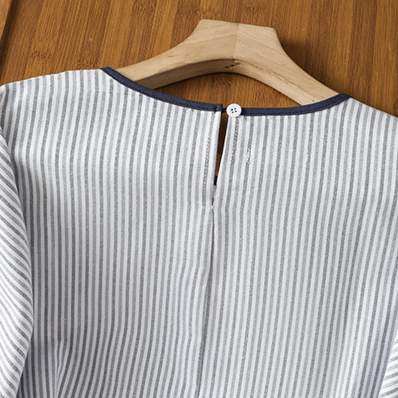 Pullover Stripes Crew Neck Design Women's Cotton Short Sleeves Shirt - Image 4